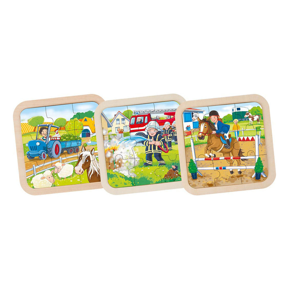 Goki wooden jigsaw puzzle farm, fire brigade, horse, 9 pcs.
