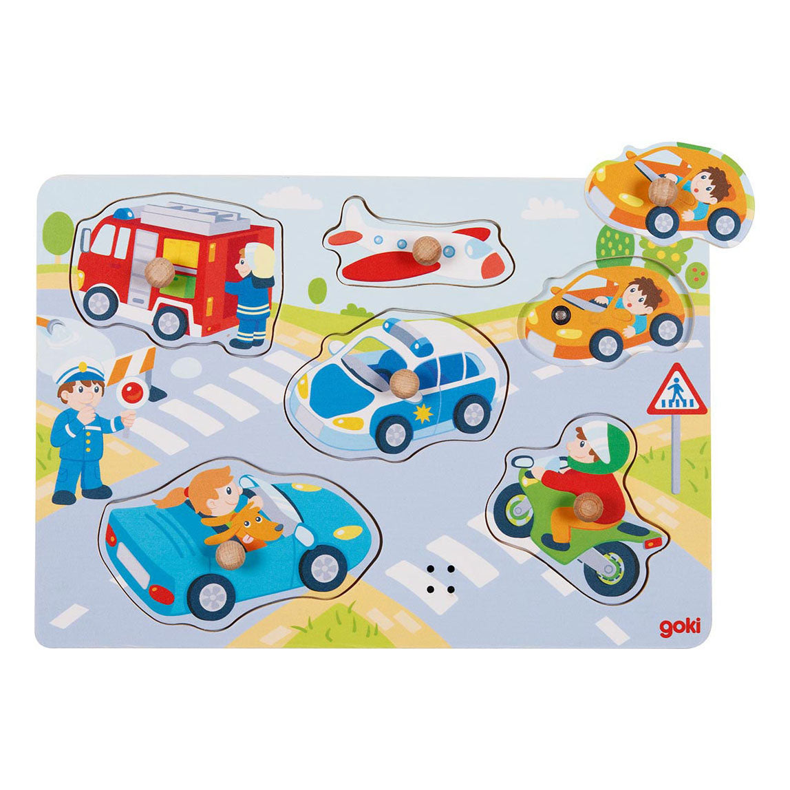 Goki wooden puzzle vehicles with sound, 6 pcs.