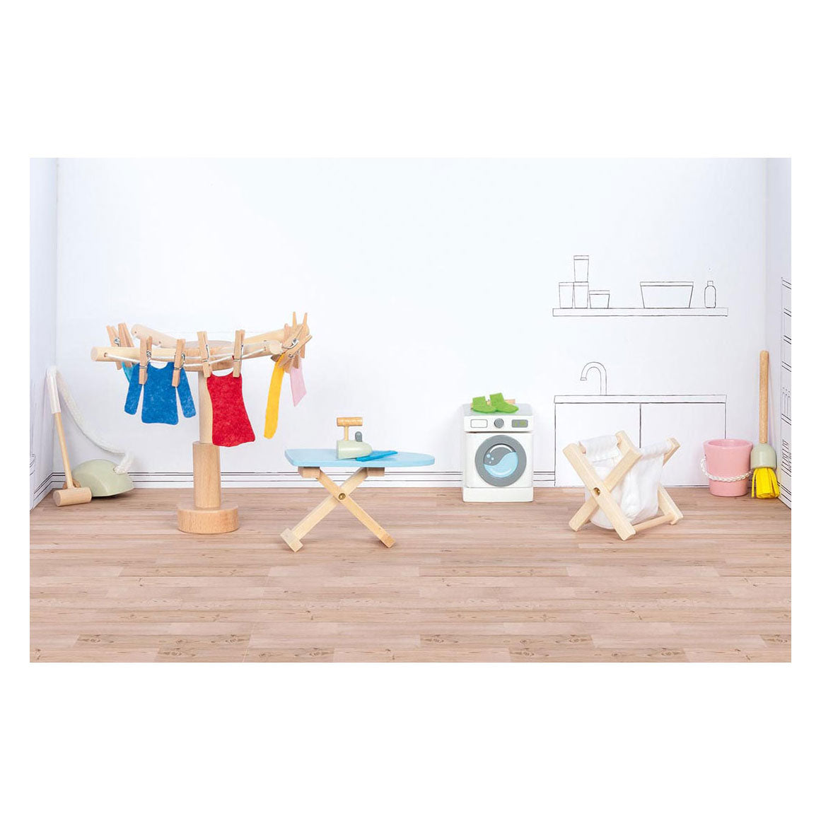 Goki wooden dollhouse furniture laundry room accessories