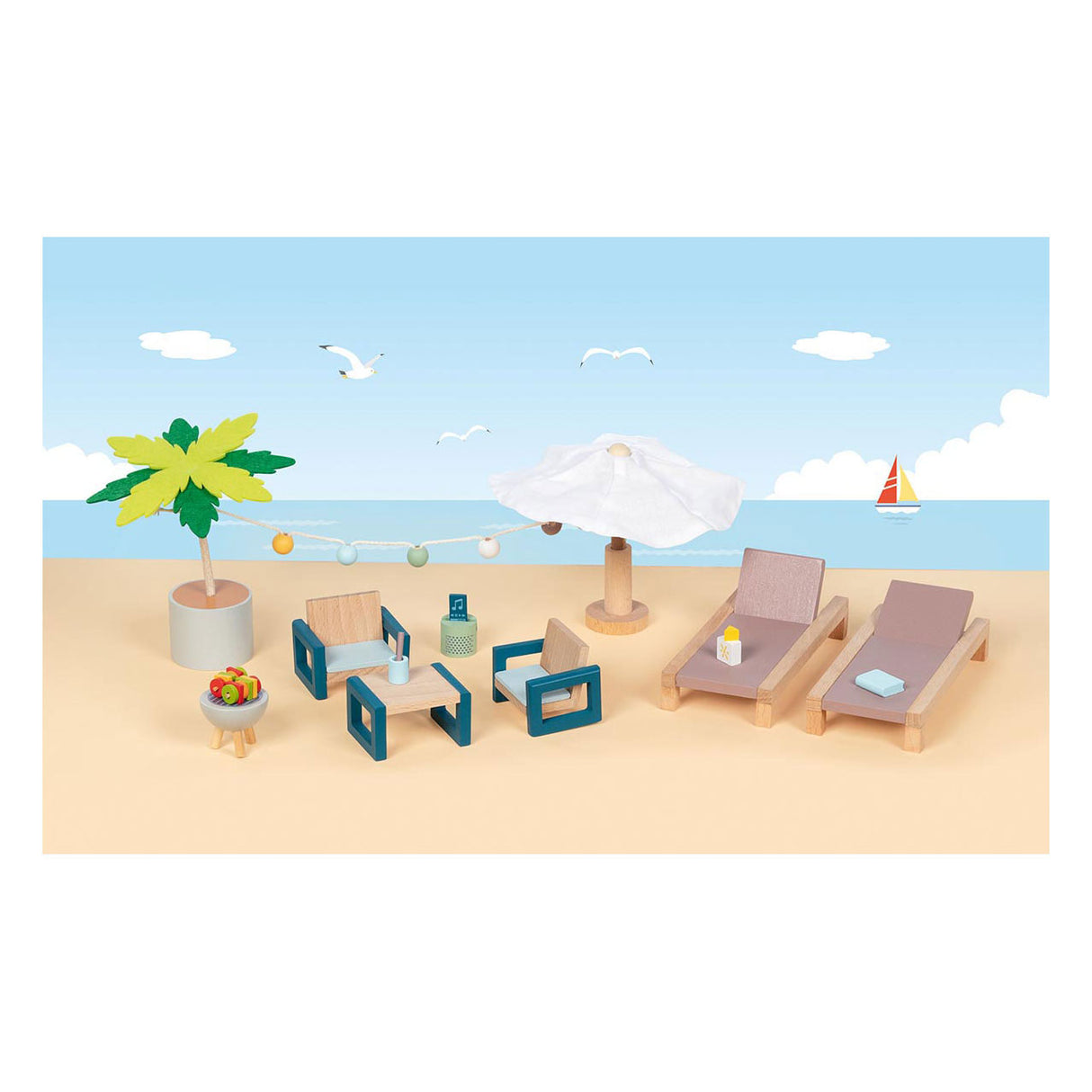 Goki Wooden Dollhouse Garden Furniture Set Mallorca
