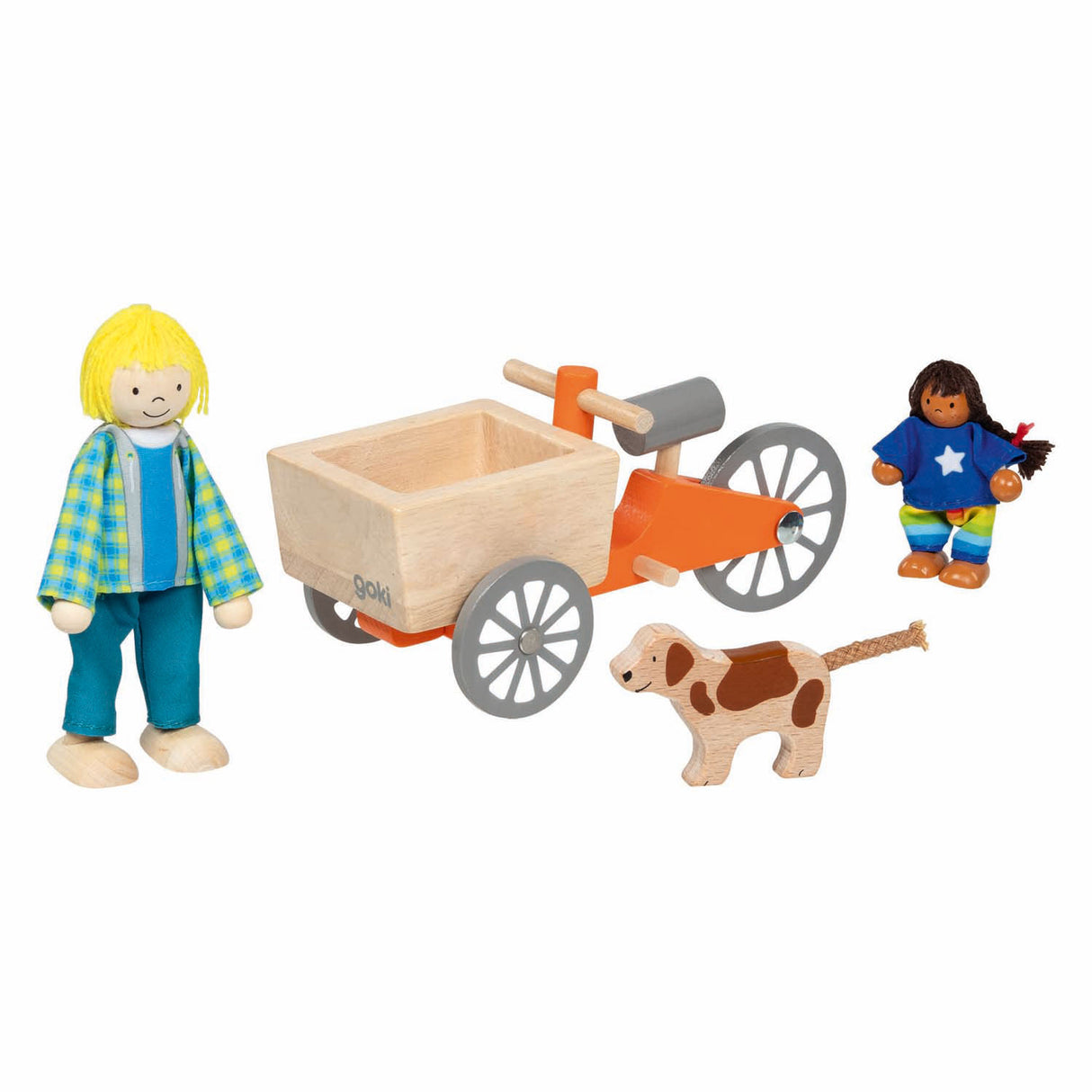 Goki dollhouse wooden cargo bike with child and dog