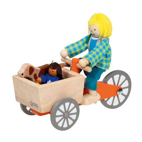 Goki dollhouse wooden cargo bike with child and dog