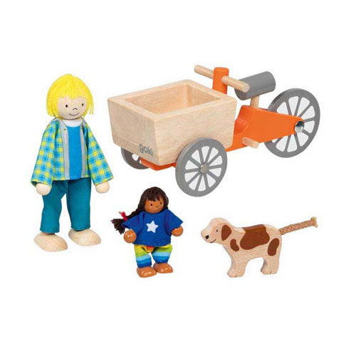 Goki dollhouse wooden cargo bike with child and dog