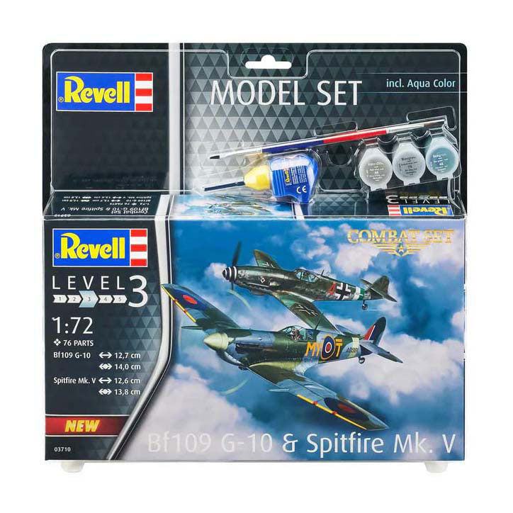 Revell model building kit - combat set bf109g-10 spitfire mk.v 1:72 - 76 parts. - incl. aqua color basic paint colors