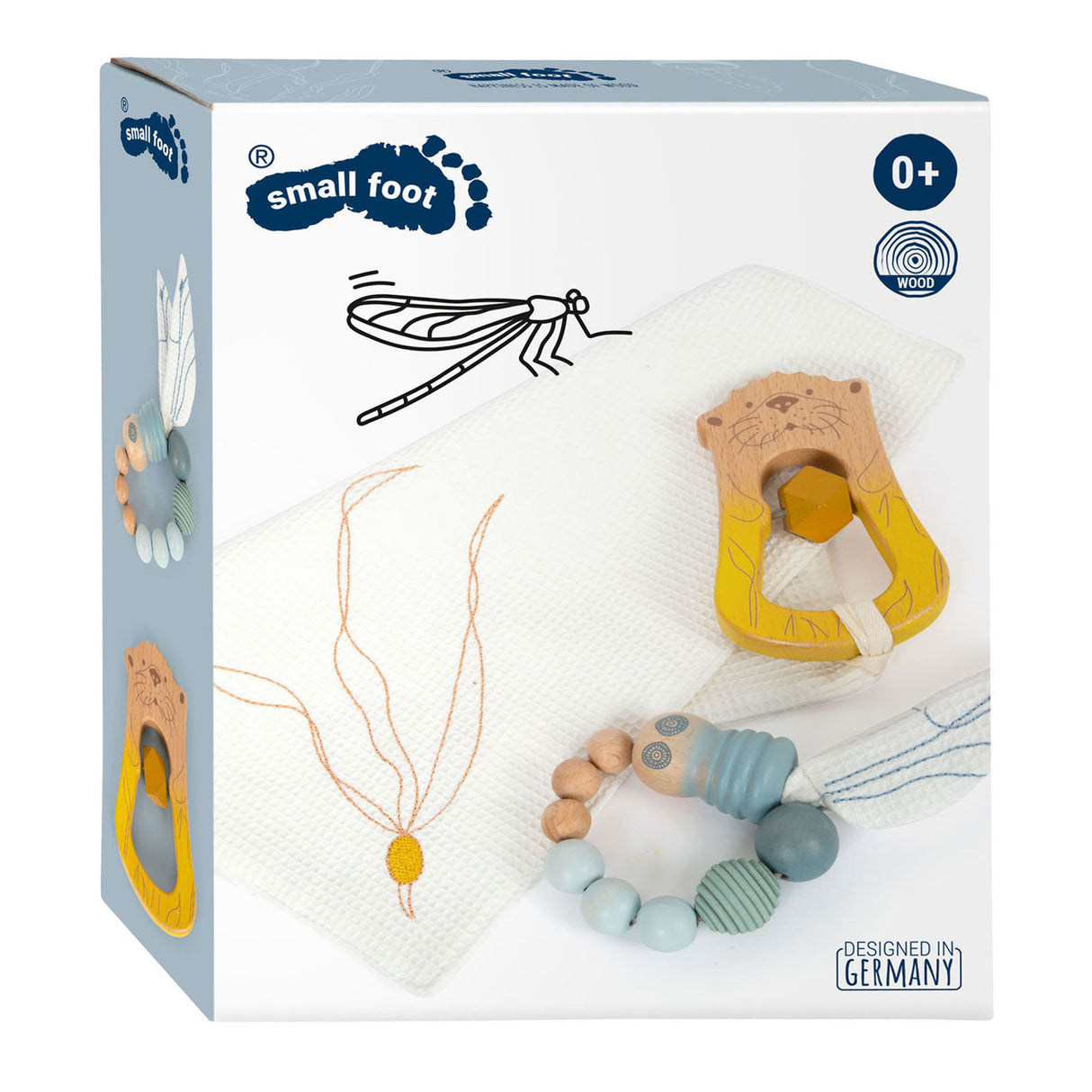 Costa de mar de tela de pie pequeño con sonajero y agarre, 3dlg.