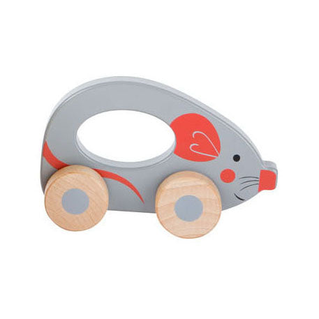 Pequeño pie de madera figura animal sobre ruedas