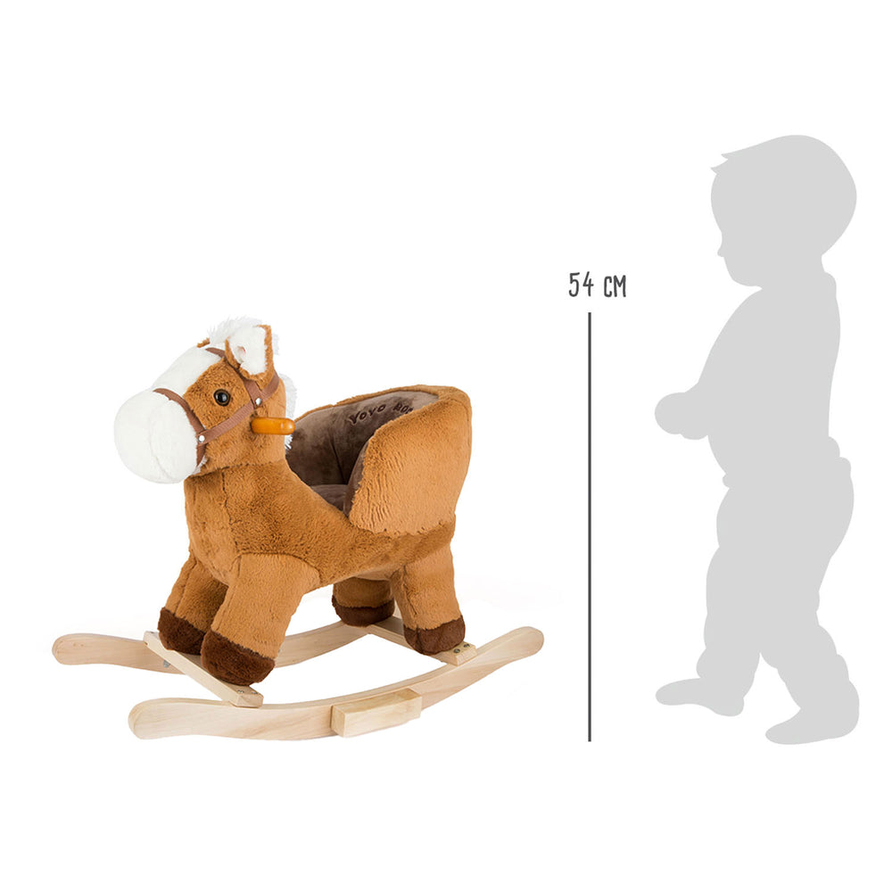 Pequeño caballo de madera de madera marrón con asiento y sonido