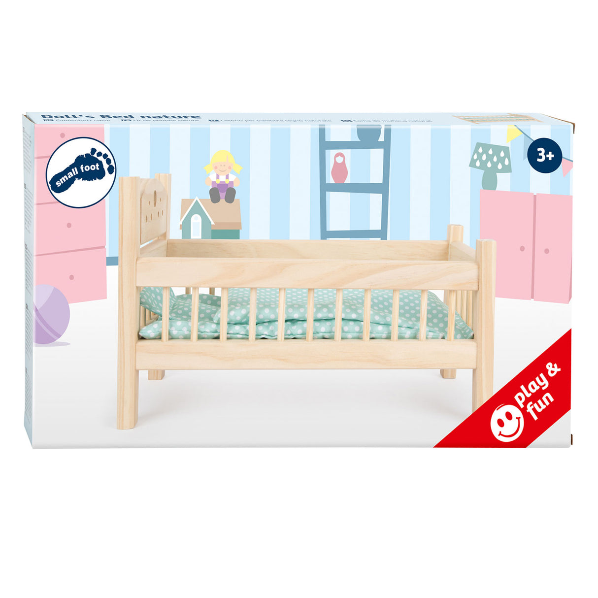 Small foot - wooden doll bed natural with bedding, 4ldg.