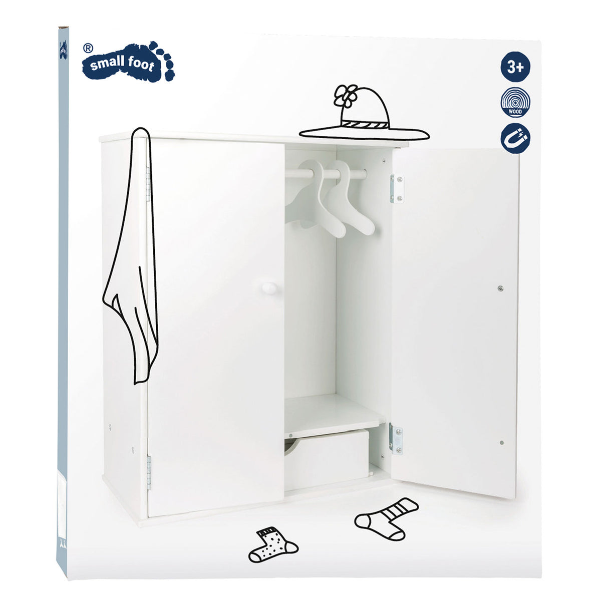 Armario de muñecas de madera de pie pequeño con perchas, 3dlg.
