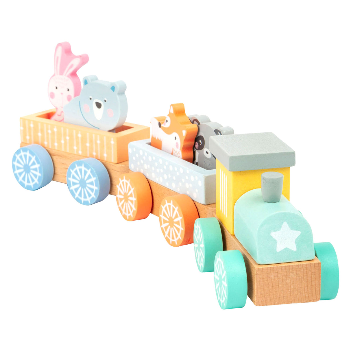 Petit train en bois avec des animaux forestiers pastel, 9dlg.
