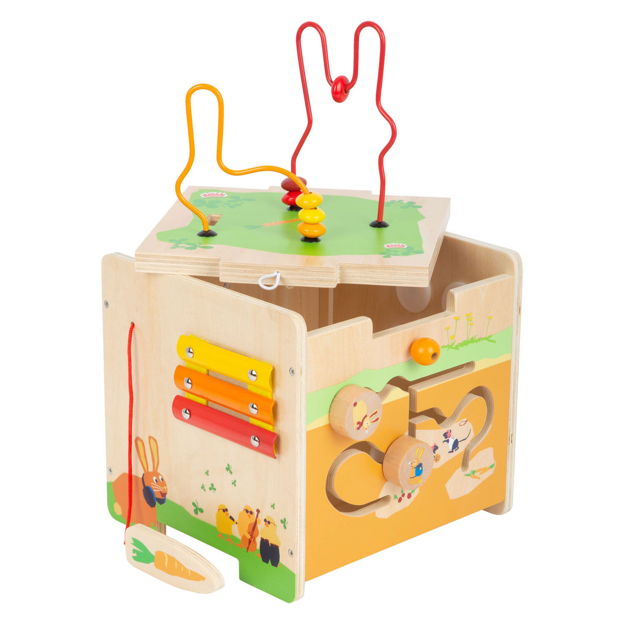 Kleiner Fußhölzernaktivitätswürfel und motorischer piraler Kaninchen