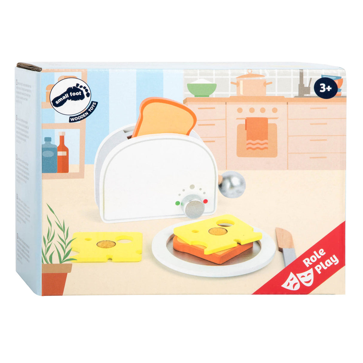 Beagán bricfeasta playets adhmaid beaga socraithe le toaster, 7dlg.