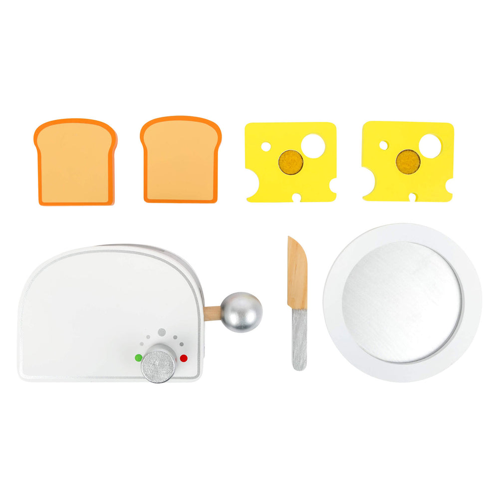Beagán bricfeasta playets adhmaid beaga socraithe le toaster, 7dlg.
