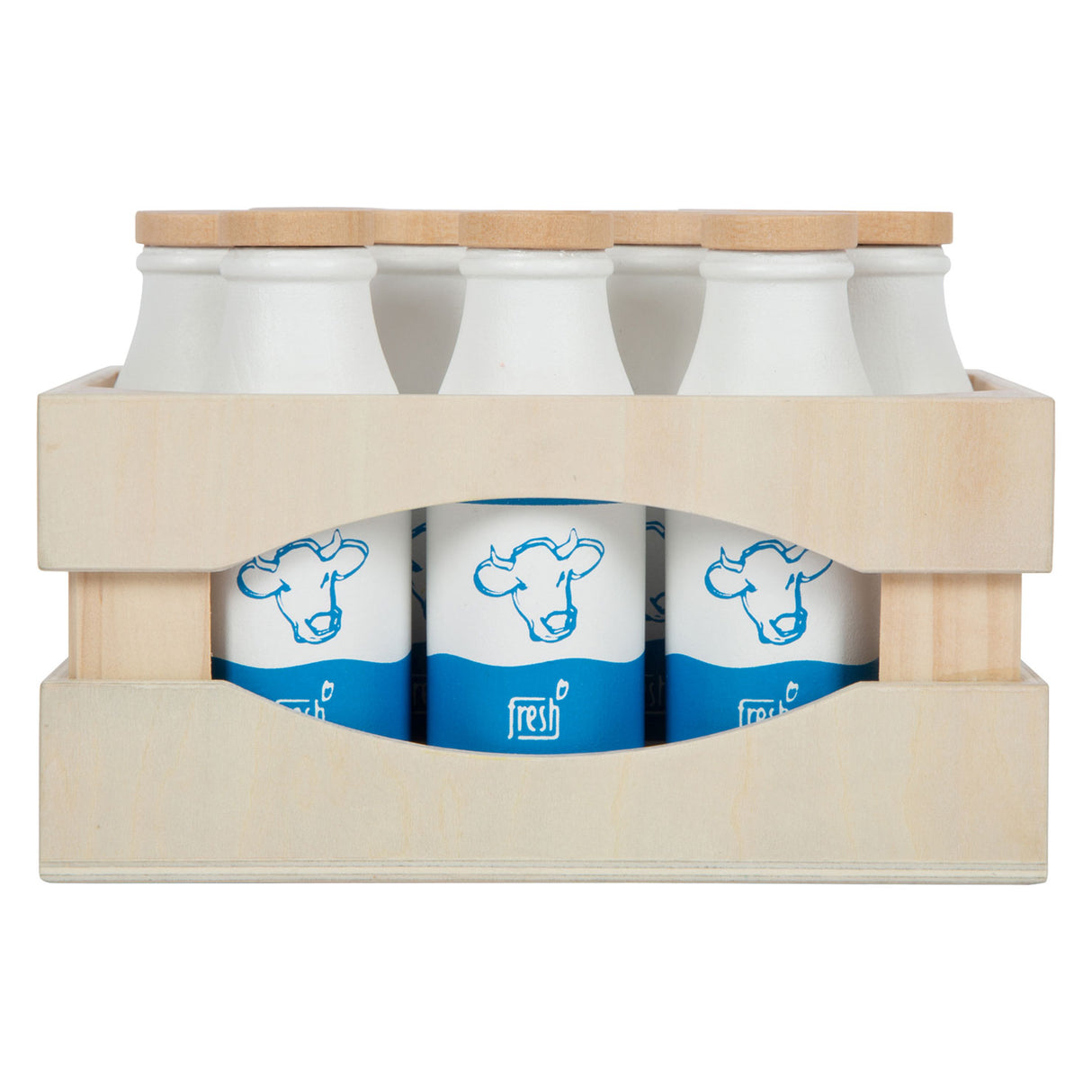 Drevená prepravka s malými nohami s fľašami mlieka, 12dlg.
