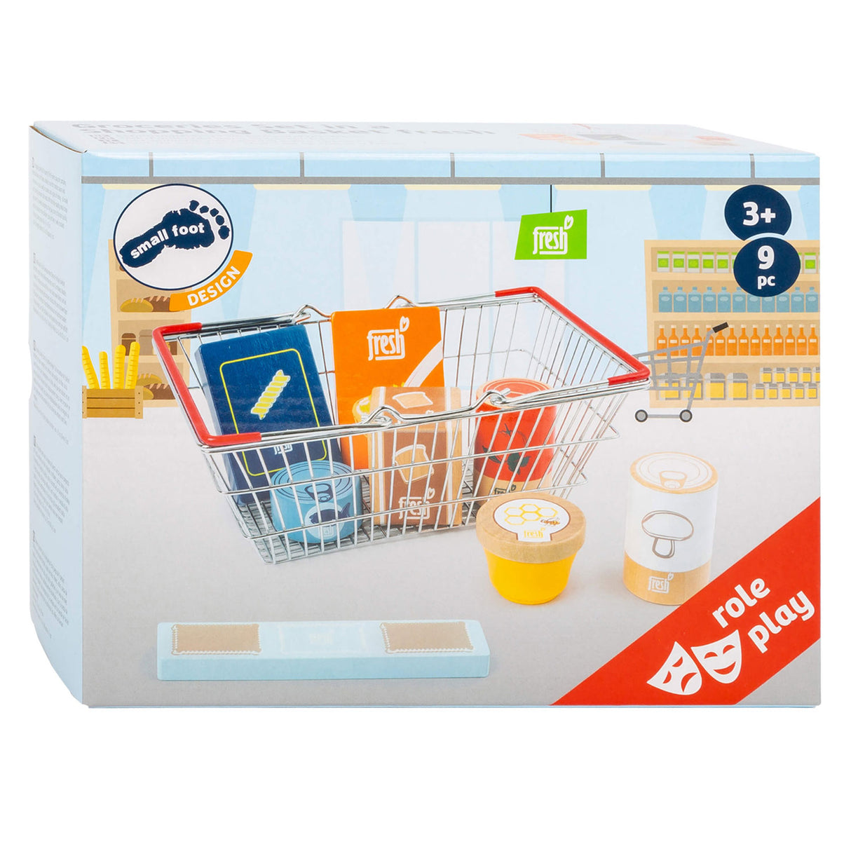 Дървена храна за игра Small Foot в пазарска количка, 9 бр.