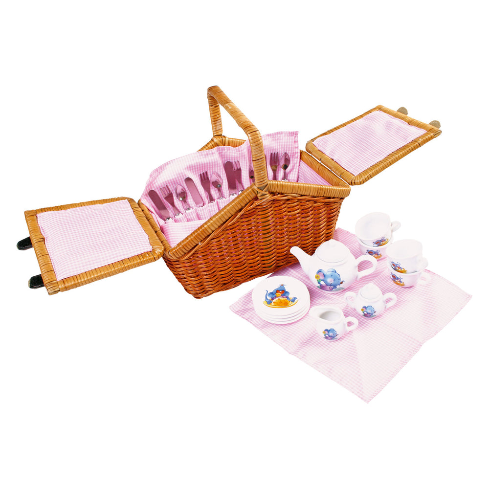 Petit panier de pique-nique en bois avec une vaisselle romantique, 30dlg.