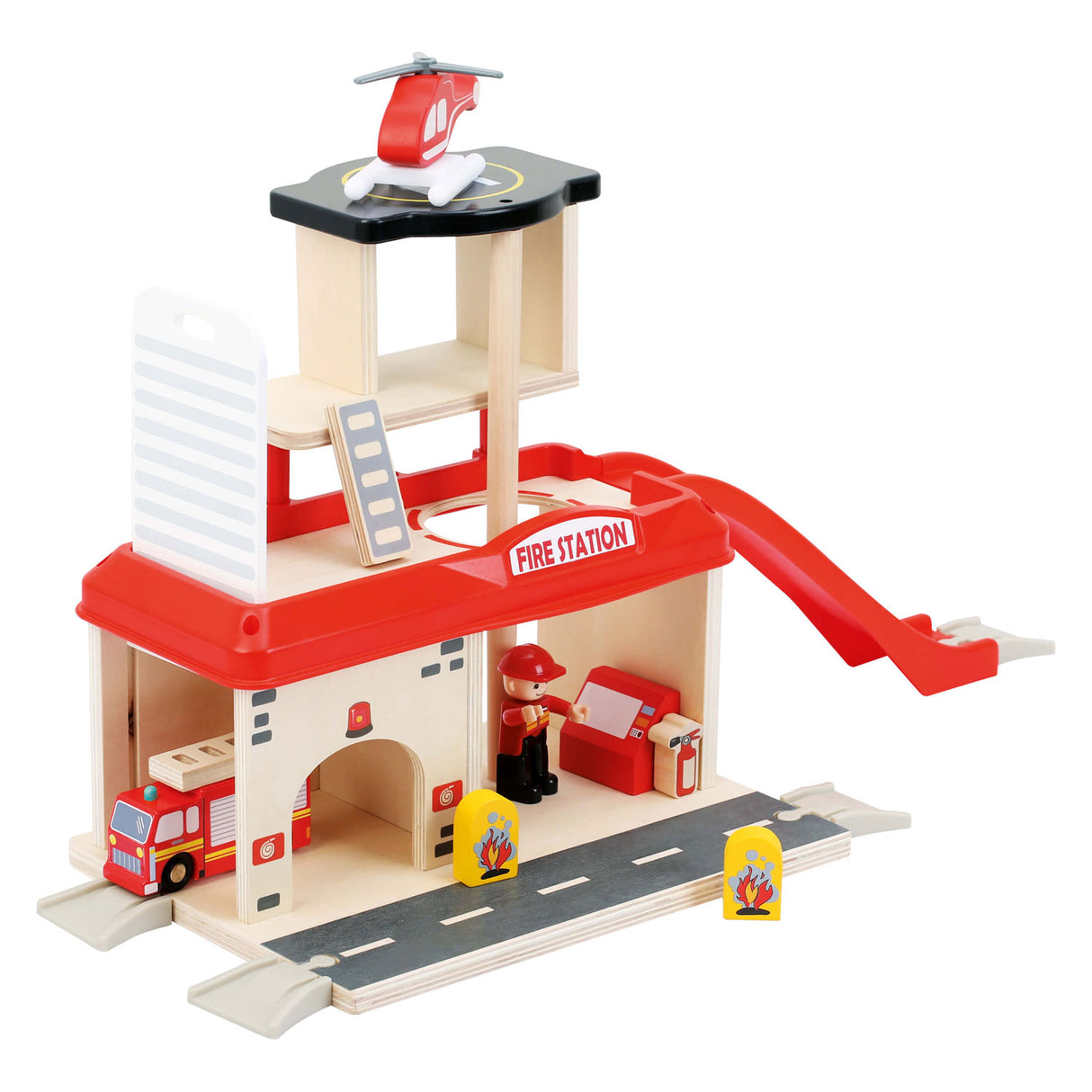 Kislábú fa tűzoltóállomás tartozékokkal, 15 db.