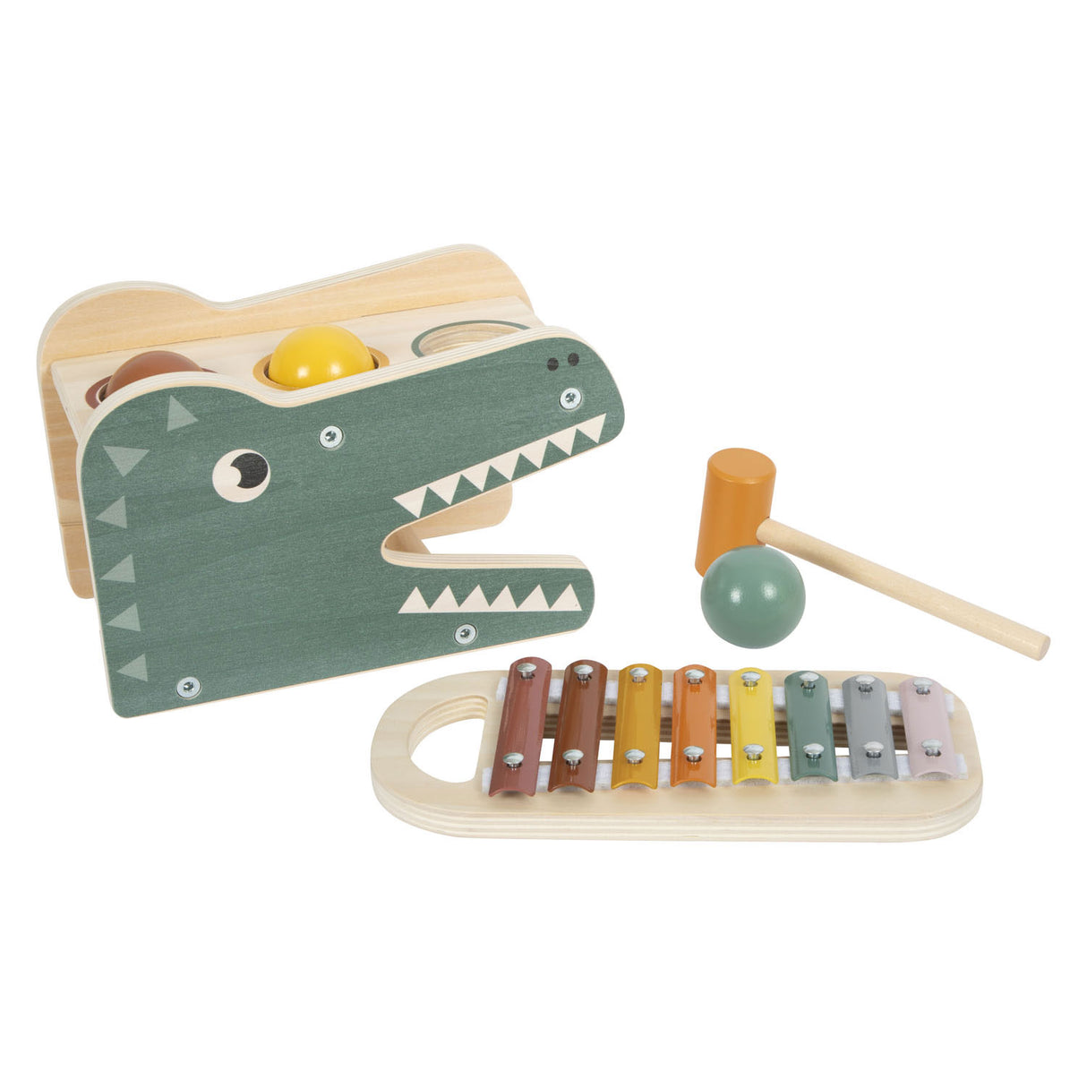 Xylophone adhmaid beag agus Hamperbank Safari, 5dlg.