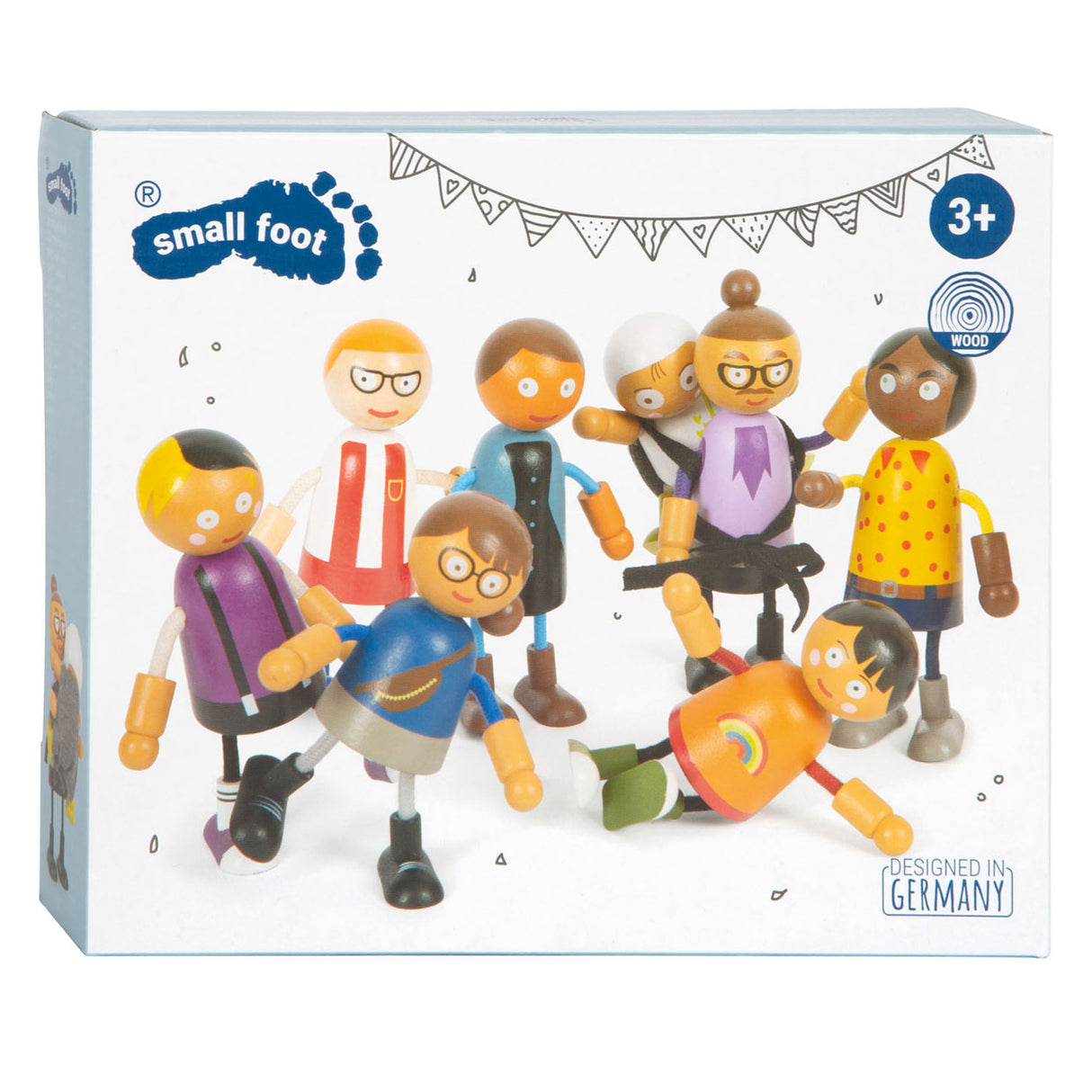 Familia de muñecas flexible de madera de pie pequeño con bebé, 8st.
