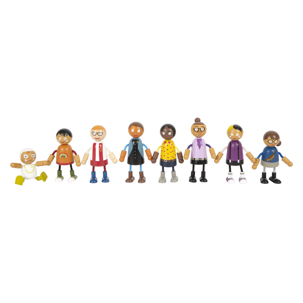 Familia de muñecas flexible de madera de pie pequeño con bebé, 8st.