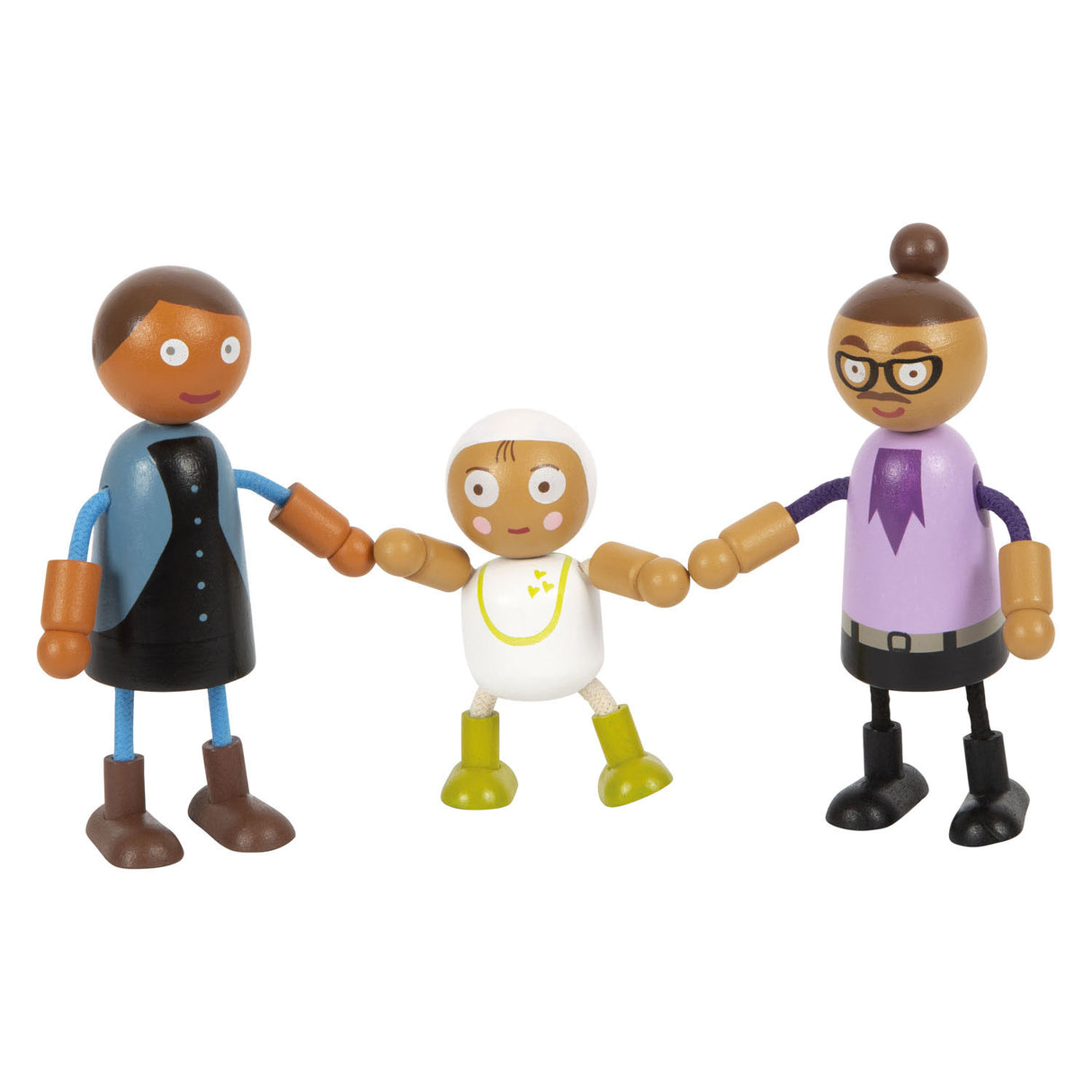 Familia de muñecas flexible de madera de pie pequeño con bebé, 8st.