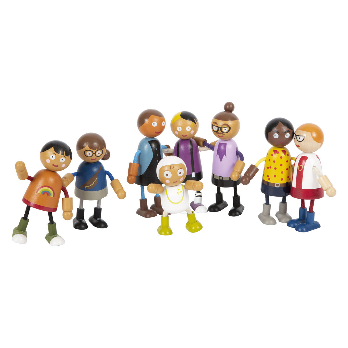 Familia de muñecas flexible de madera de pie pequeño con bebé, 8st.