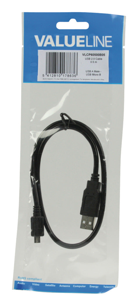 Valueline vlcp60500b05 usb 2.0 usb a hane - usb micro b hane kabel 0.50 m svart