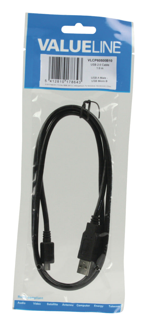 Valueline vlcp60500b10 usb 2.0 usb a male - usb micro b male cable 1.00 m black