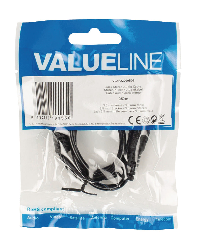 Valueline vlap22000b05 jack stereo lydkabel 3,5 mm hann - 3,5 mm hann 0,50 m svart