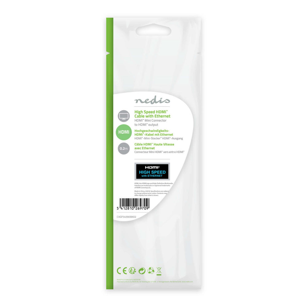 Nedis CVGP34590bk02 höghastighets HDMI-kabel med Ethernet HDMI-minikontakt - HDMI hona 0,2 m svart