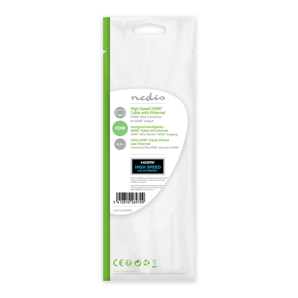 Nedis CVGP34590bk02 höghastighets HDMI-kabel med Ethernet HDMI-minikontakt - HDMI hona 0,2 m svart