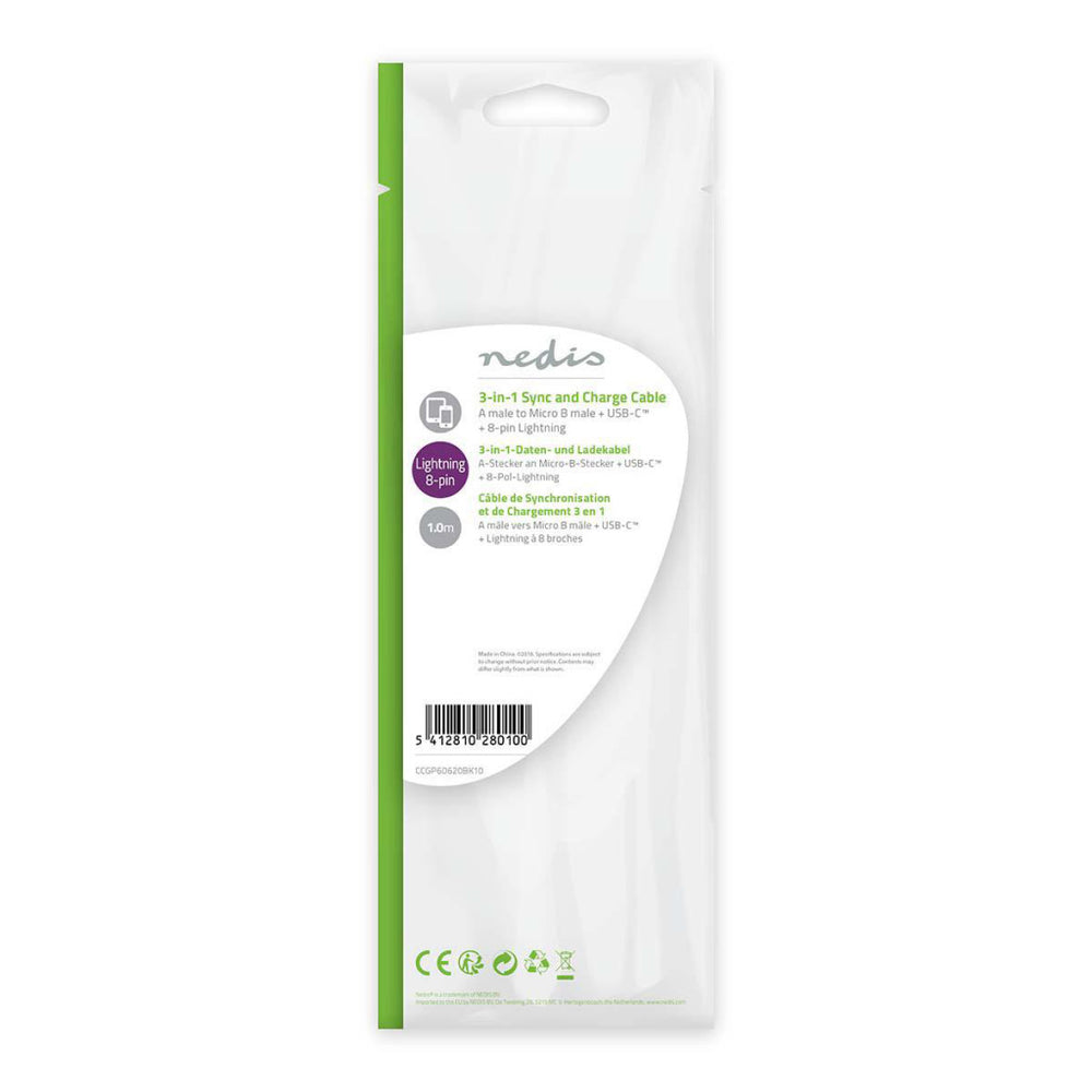 Nedis CCGP60620BK10 3-in-1 Sync and Charge Cable USB-A Male - Micro B Male Type-C Male Apple Lightning 8-Pin Male 1.0 m Black