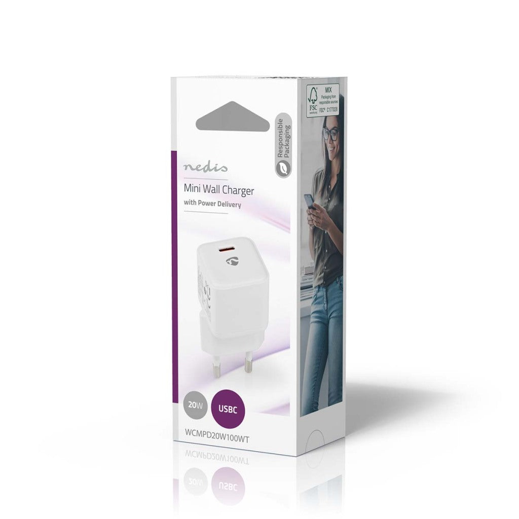 Nedis WCMPD20W100WT Ladegerät 1,67 2,22 3,0 A Ausgänge: 1 USB-C-Handel; 20 W automatische Spannungsauswahl