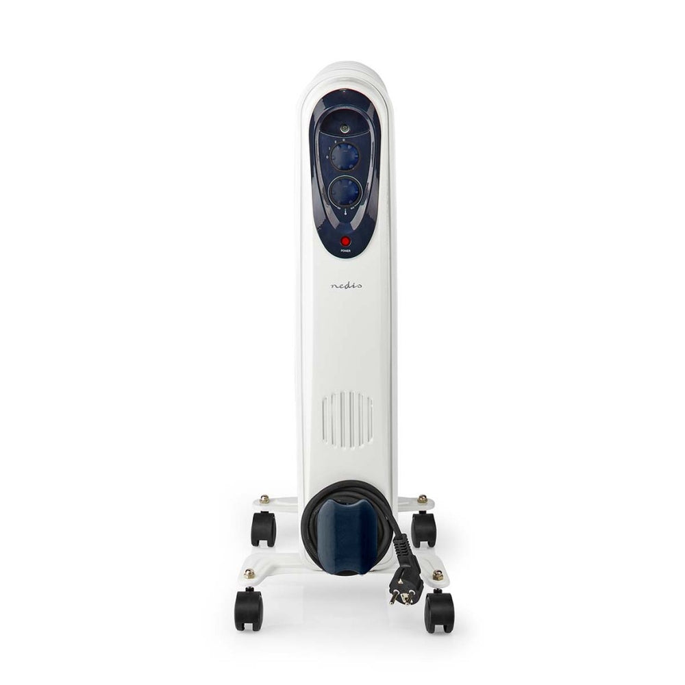 Nedis HToi30WT7 mobile oil radiator 600 900 1500 W 7 fins adjustable thermostat 3 heat settings tip-over prevention white