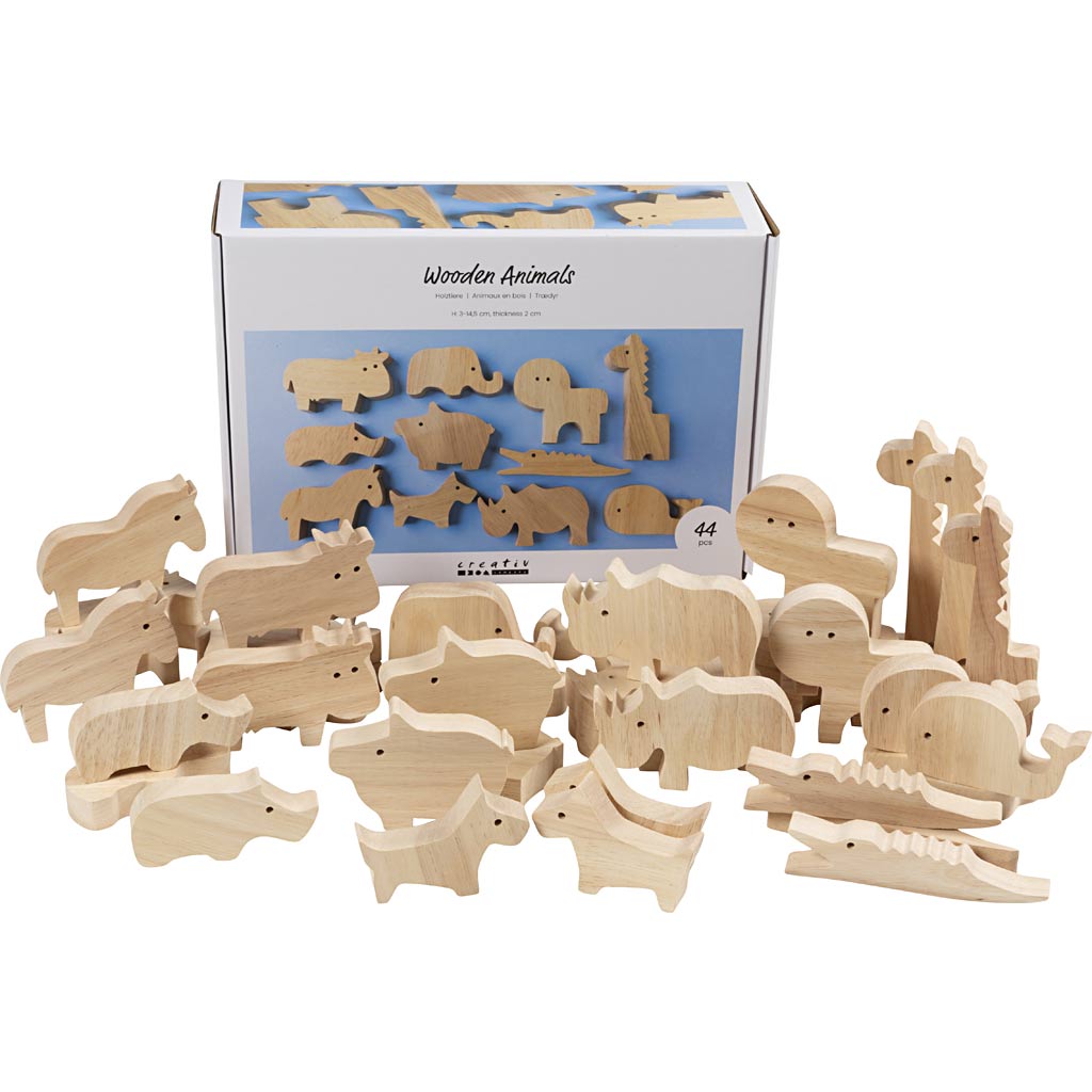 Creativ company houten dieren, boerderij en safari, h: 3-14,5 cm, dikte 2 cm, 44 stuk 1 doos