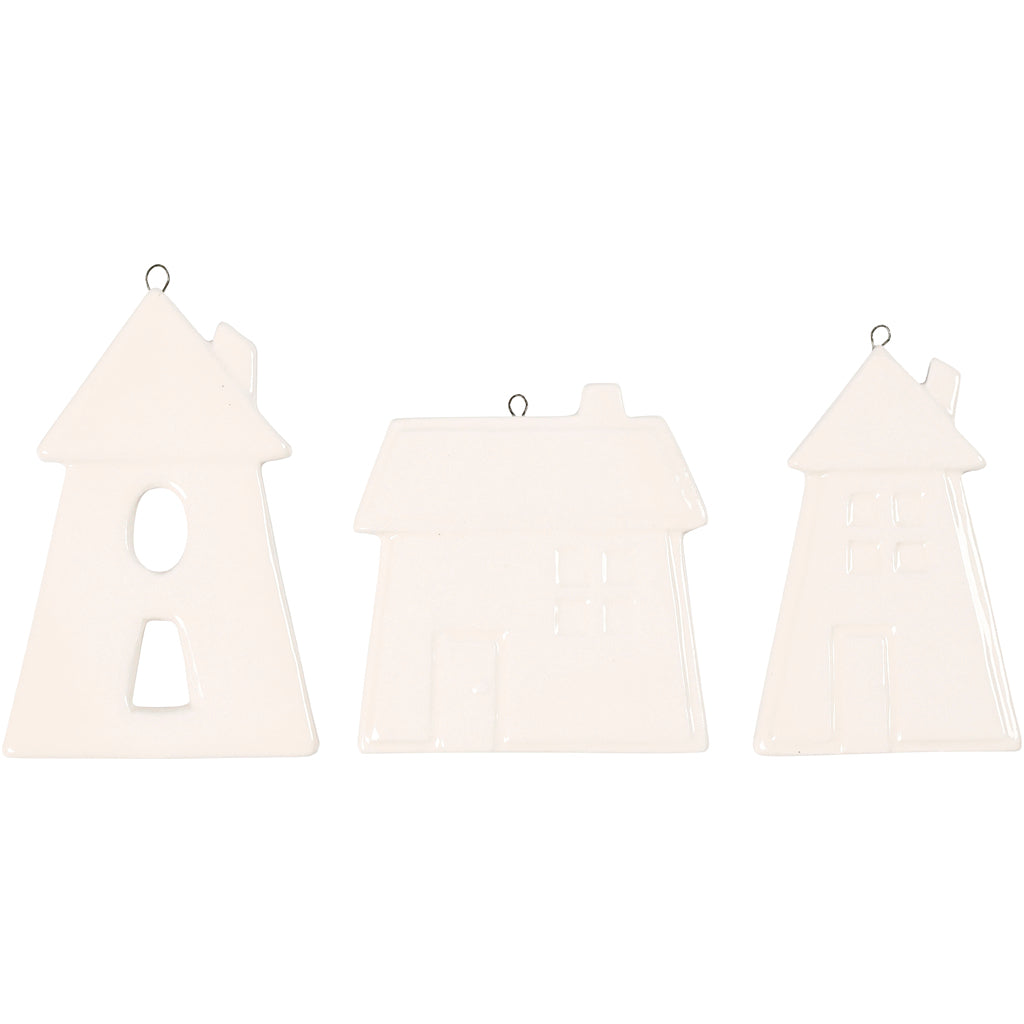 Creativ company hanging ornaments, houses, h: 7.6-9.7 cm, white, 3 pieces 1 box