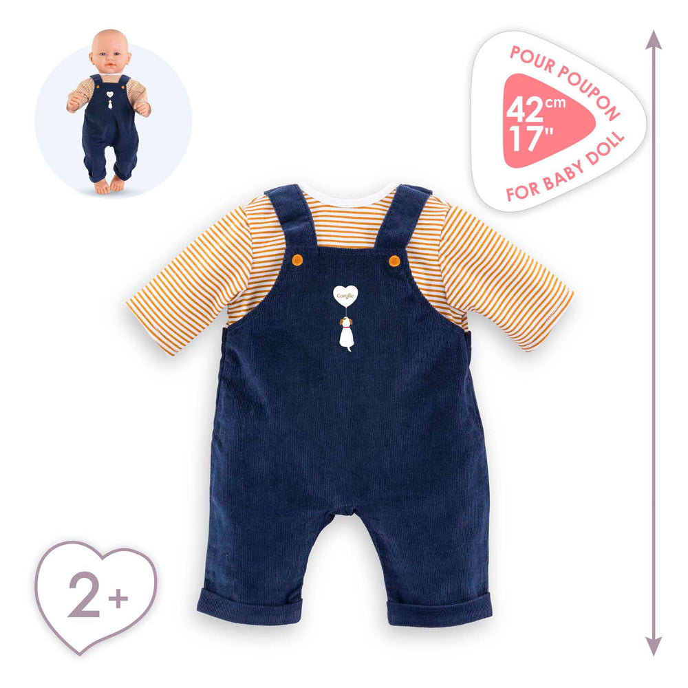 Corolle T-shirt and navy blue overalls for baby doll, 42cm