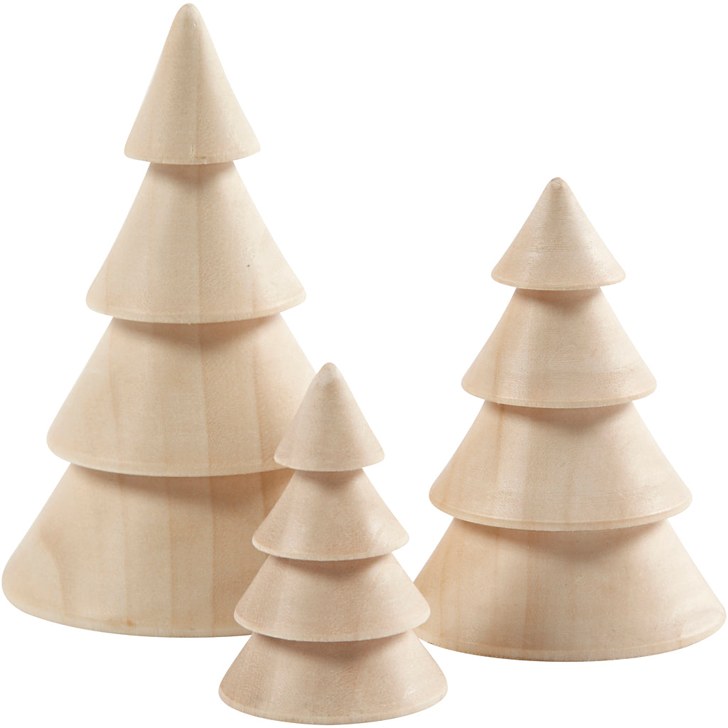 Creativ company Christmas trees made of wood, h: 5 + 7.5 + 10 cm, d 3.5 + 5.4 + 6.7 cm, 3 pieces 1 box