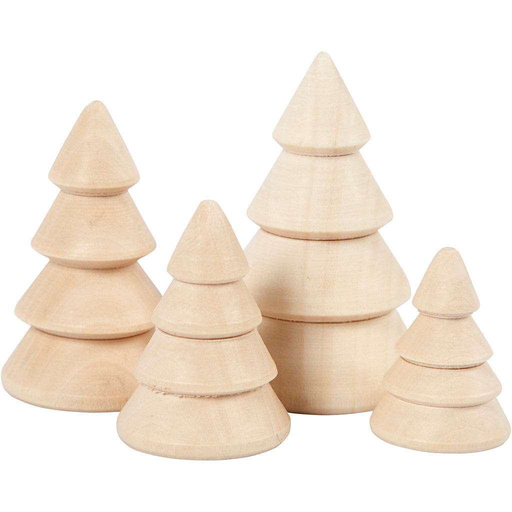 Creativ company Christmas trees made of wood, h: 3.3 + 4.3 + 5.3 + 6.3 cm, d 2.3 + 3 + 3.2 + 4 cm, 4 pieces 1 box