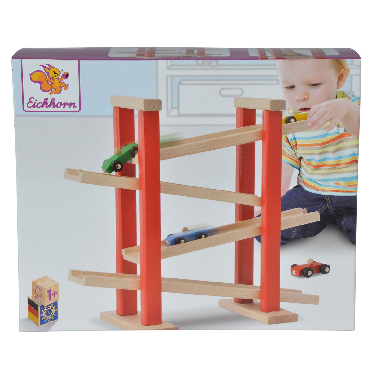 Eichhorn autoroute en bois avec 3 voitures de course