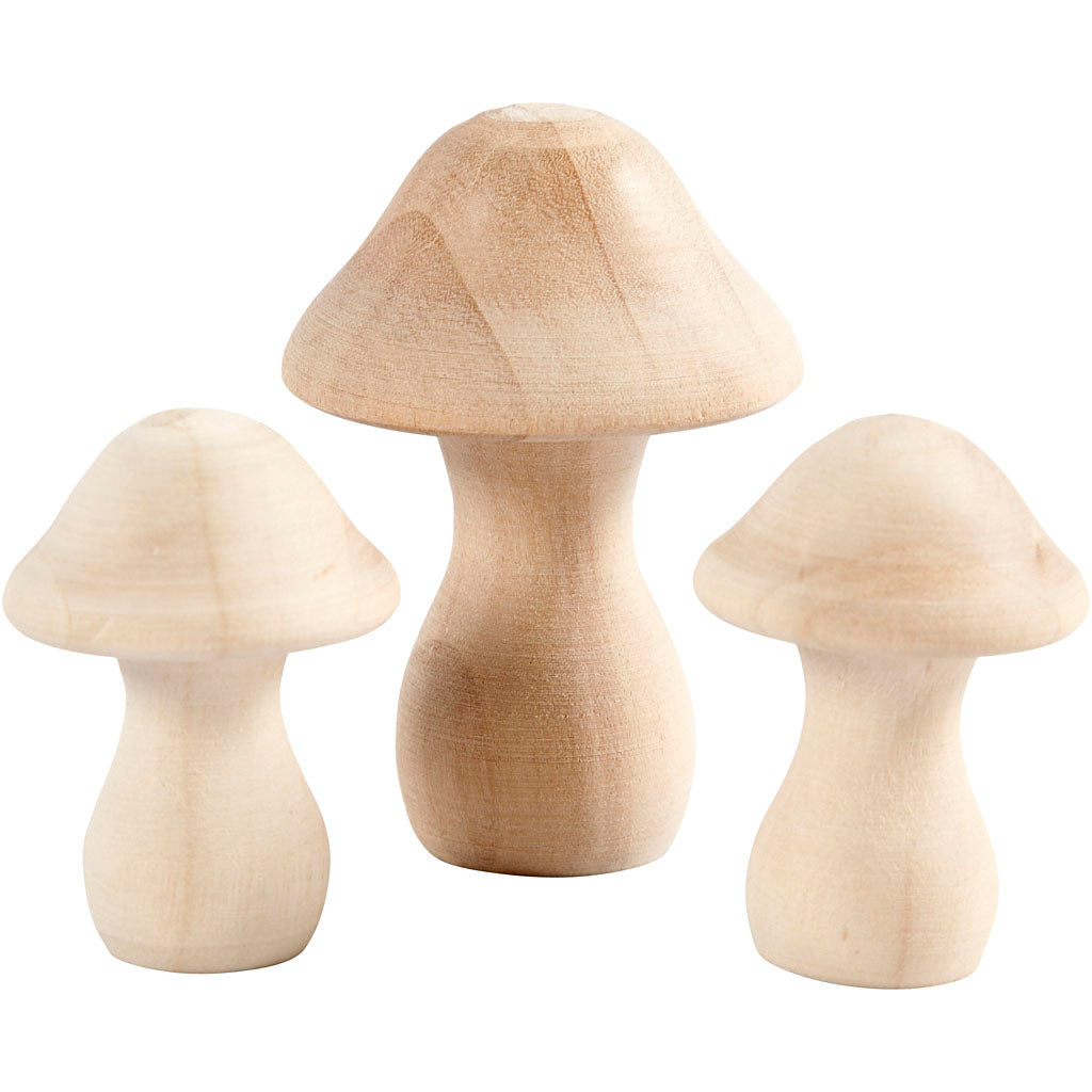 Creativ company wooden mushrooms, d 3,3+4,5 cm, dim 4,5+6,5 cm, 3 pieces 1 box