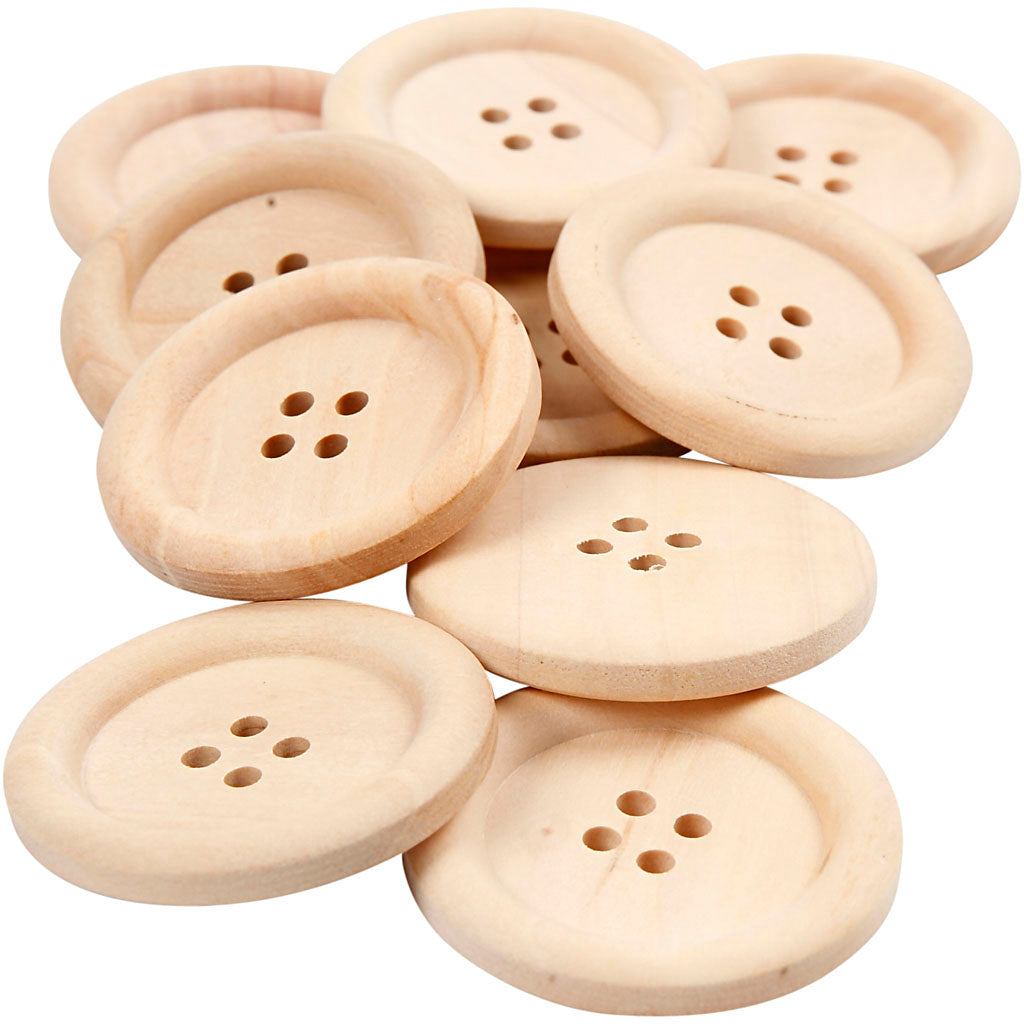 Creativ company wooden buttons, d 35 mm, hole size 2 mm, 4 holes, 10 pieces 1 box