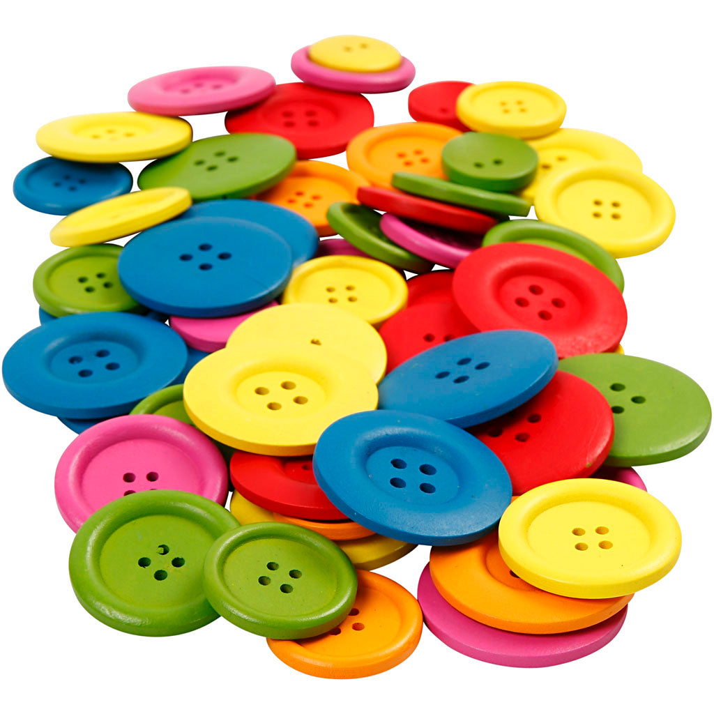 Creativ company wooden buttons, d 25-40 mm, 2-4 holes, various colors, 144 pieces 1 box