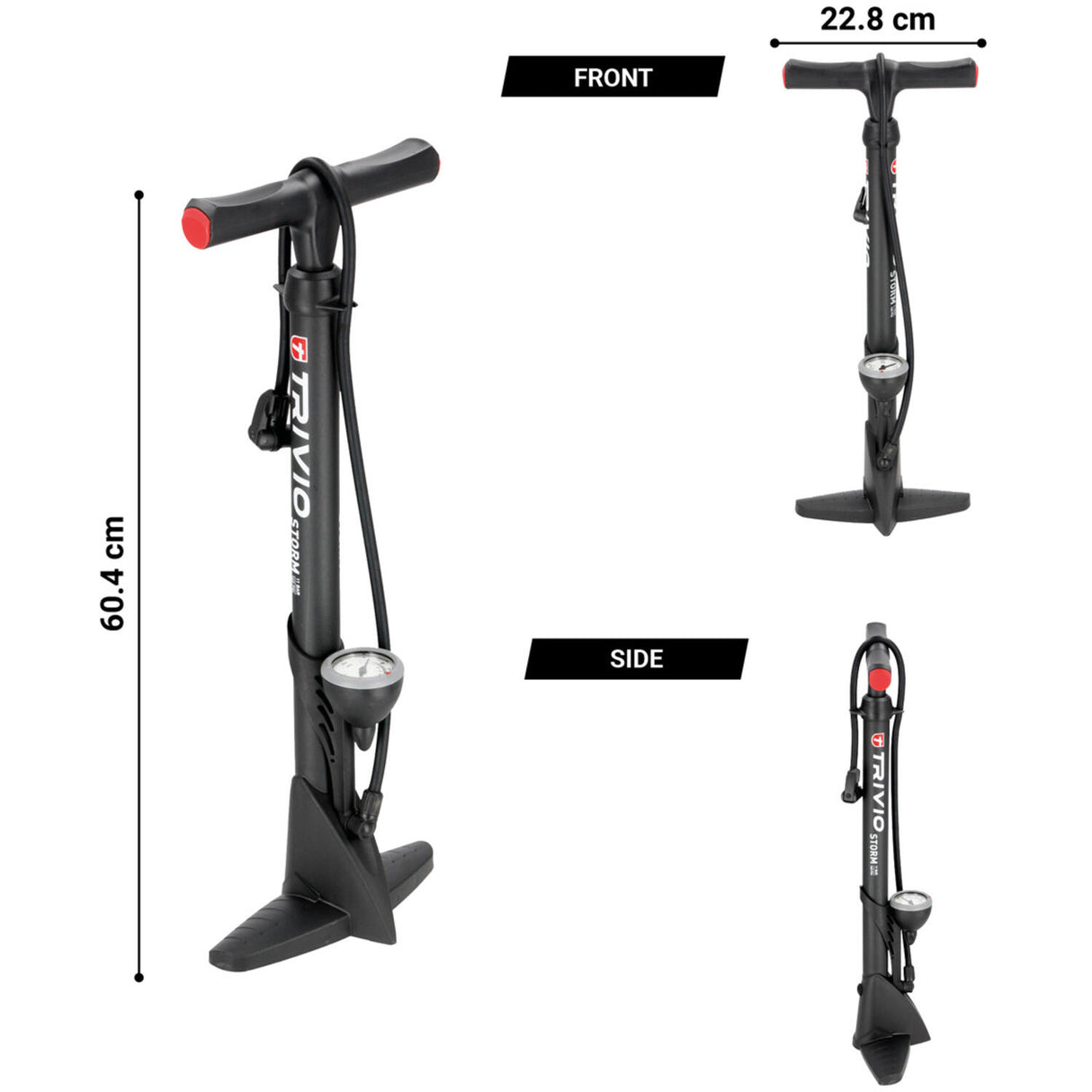 Trivio - Breeze bicycle pump with pressure gauge - dual valve, both Presta and Schrader. Storm type