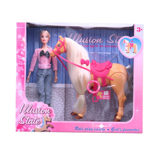 Poupée sans marque avec un véritable ensemble de jeu de cheval qui court