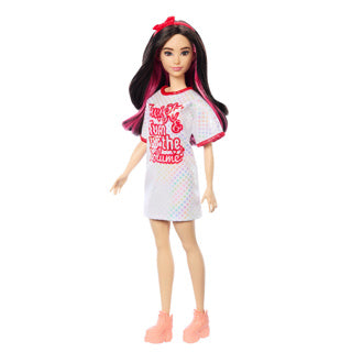 Barbie doll fashionista white dress dark hair