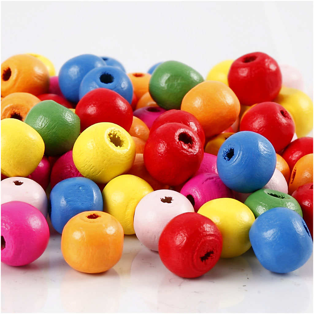 Creativ company wooden beads, d 10 mm, hole size 2.5-3 mm, approx. 1500 pieces, various colours, 500 g 1 bag
