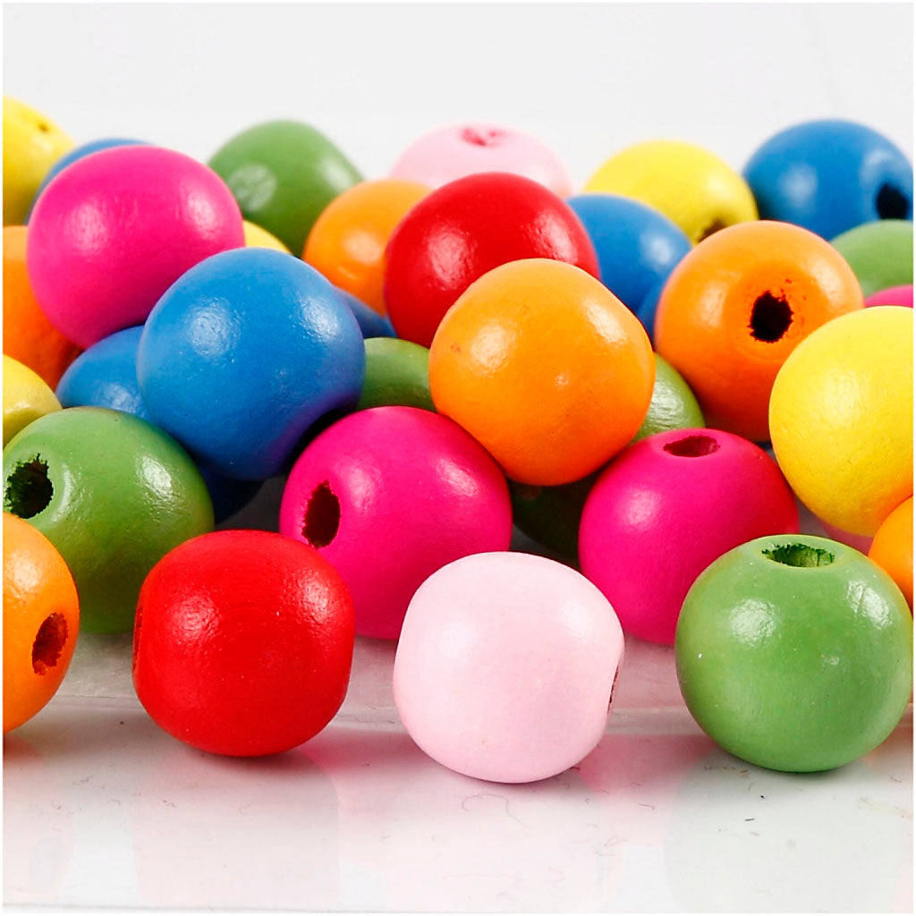 Creativ company wooden beads, d 12 mm, hole size 2.5-3 mm, approx. 800 pieces, various colours, 500 g 1 bag