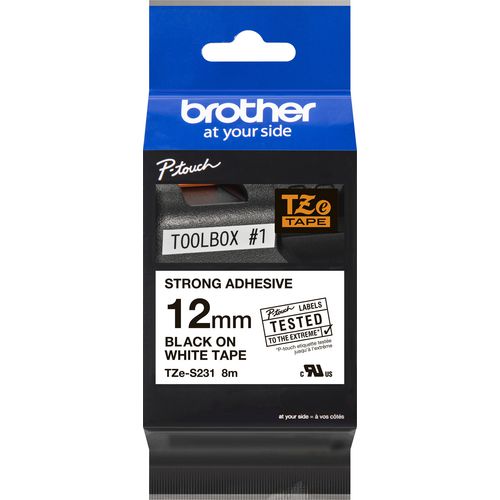 Extra klevende tape brother tzes231 12mmx8m zwart wit