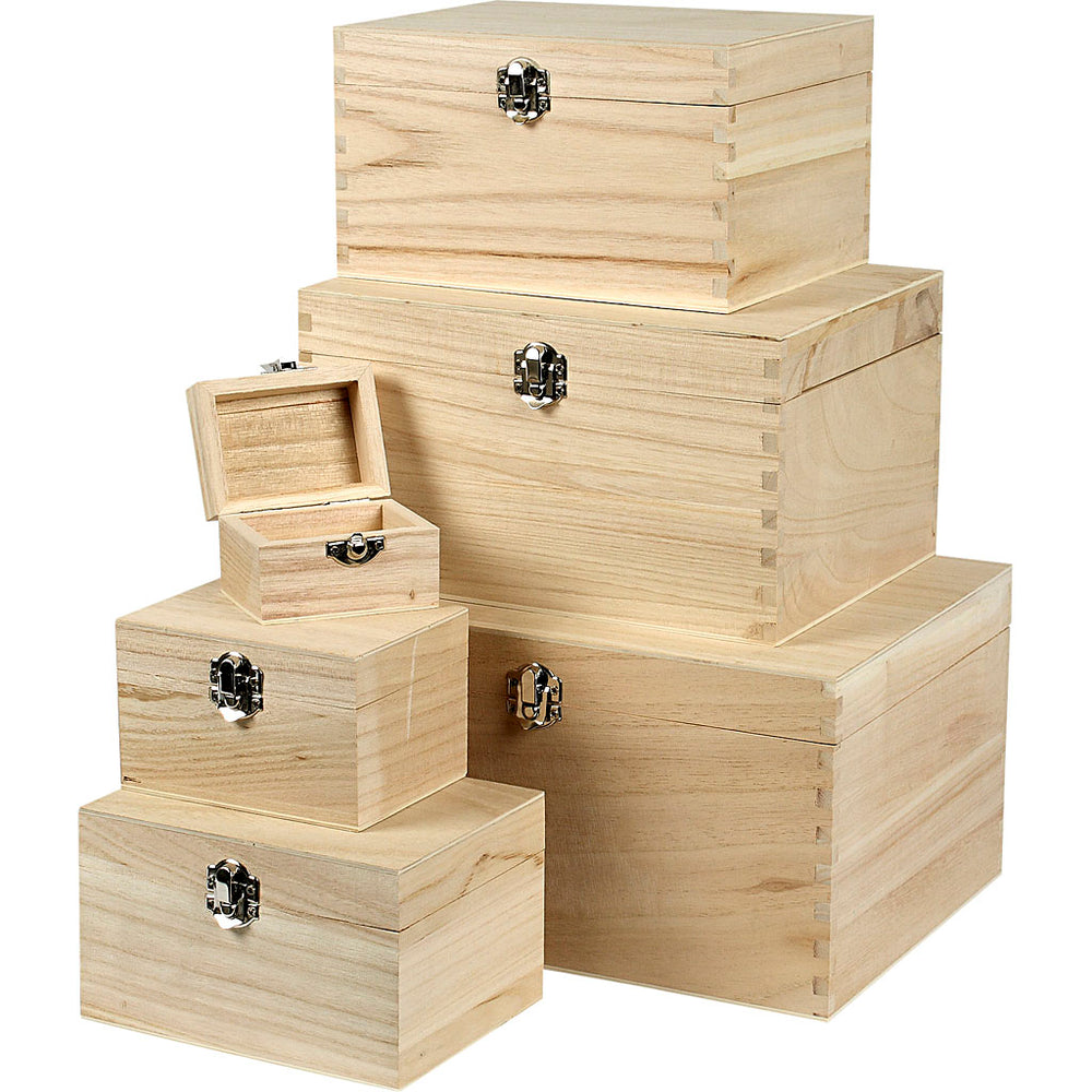 Creativ company set of wooden boxes, h: 5+7+9+11+13+15 cm, l: 8+11,8+15,8+20+24+27,7 cm, w: 5,8+8,8+12+15+18+21 cm, 6 pieces 1 set